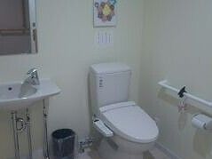 手すりが壁に付き、トイレのタンクの上には絵が飾られ、手洗い場には鏡が付いている。