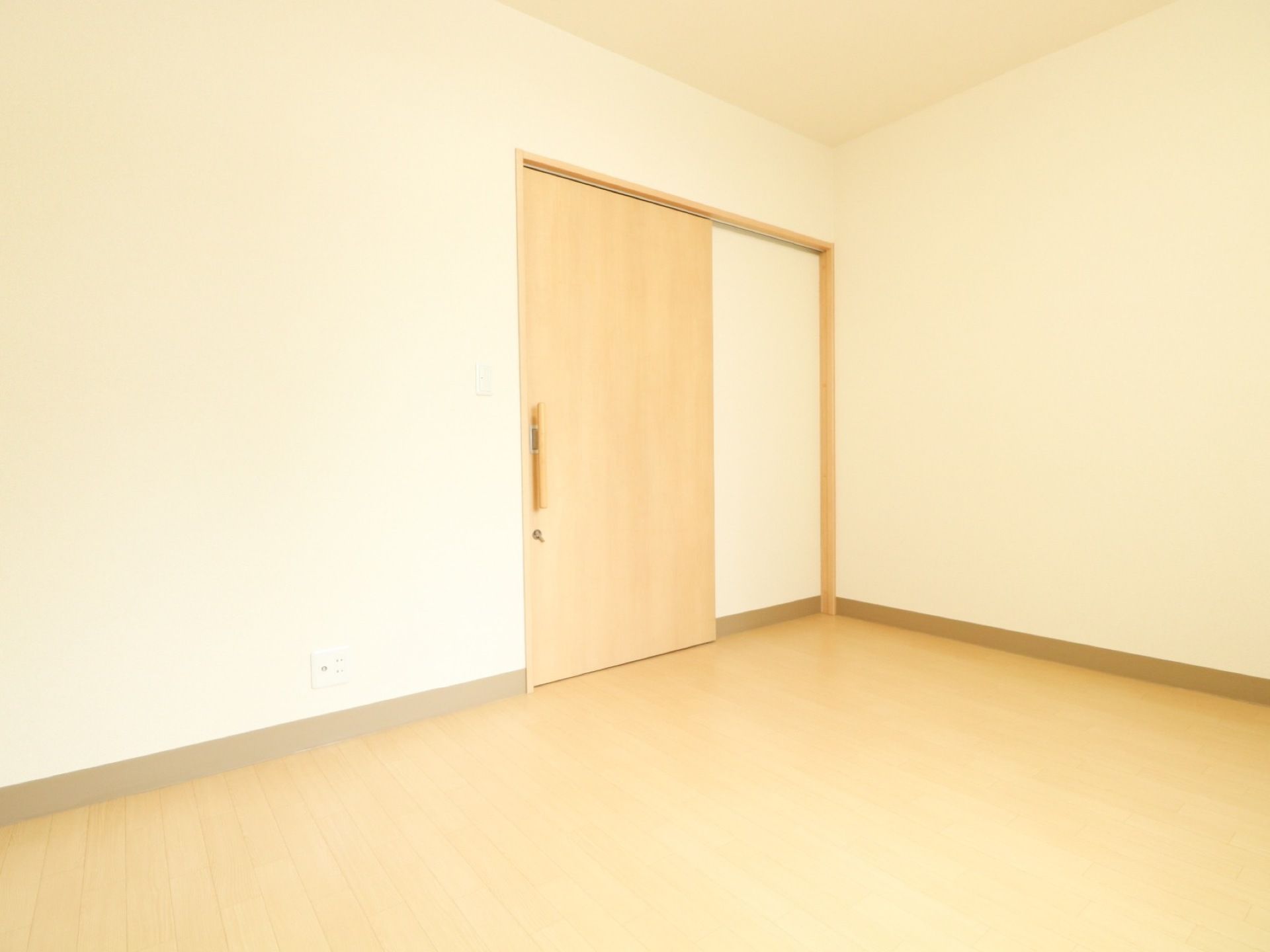 居室入口は、縦方向の取っ手がついた引き戸である。床面はフローリングで、壁や天井は白系統の色で統一されている。
