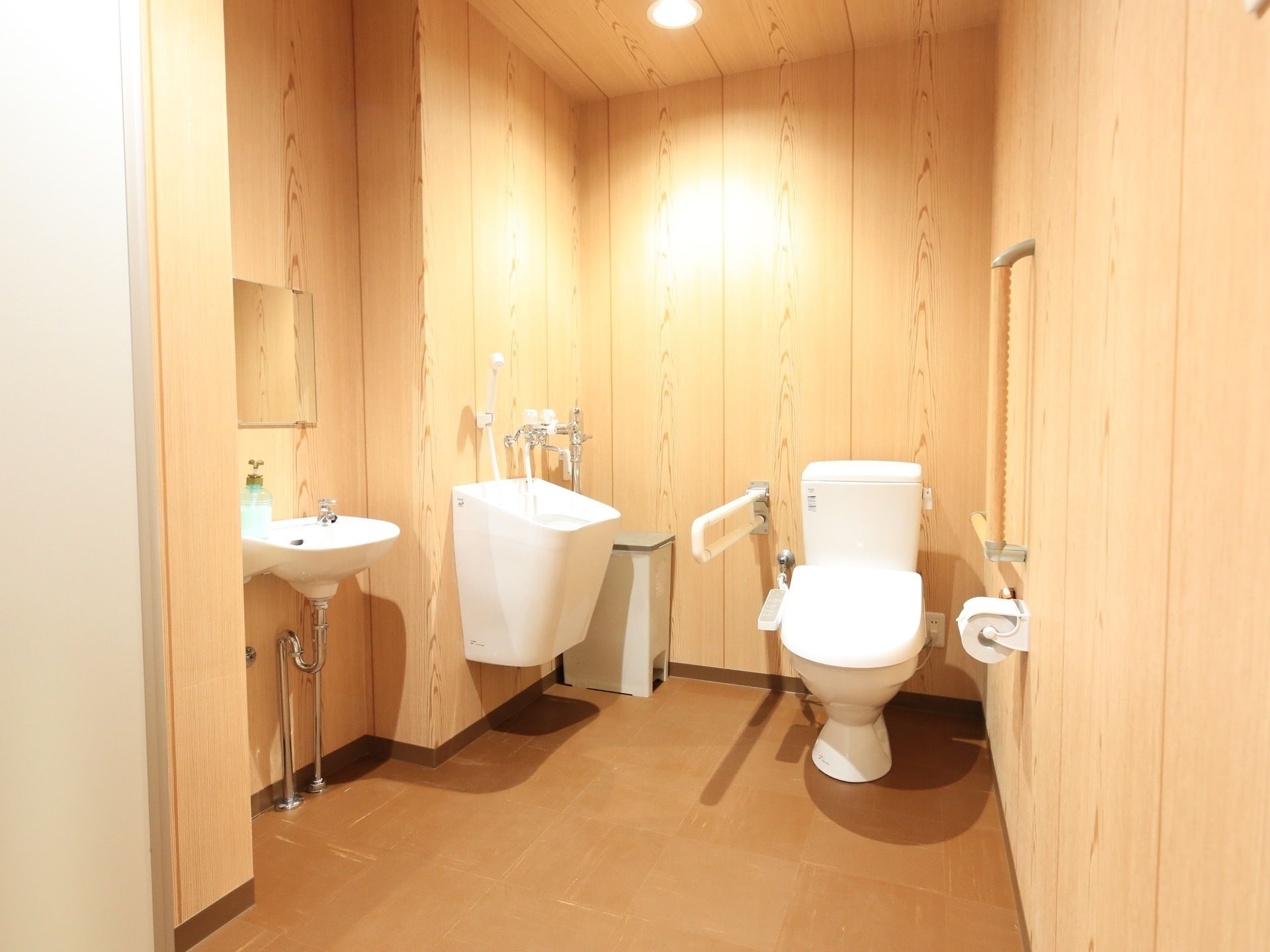 広いスペースが確保された共用トイレである。大きな手すりが、トイレの両側の壁に付いている。左奥には、ゴミ箱が置いてある。