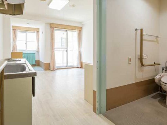 エル字型の手すりが付いた広いトイレやオール電化のキッチンが付いた広い部屋には大きな窓がたくさんついている。