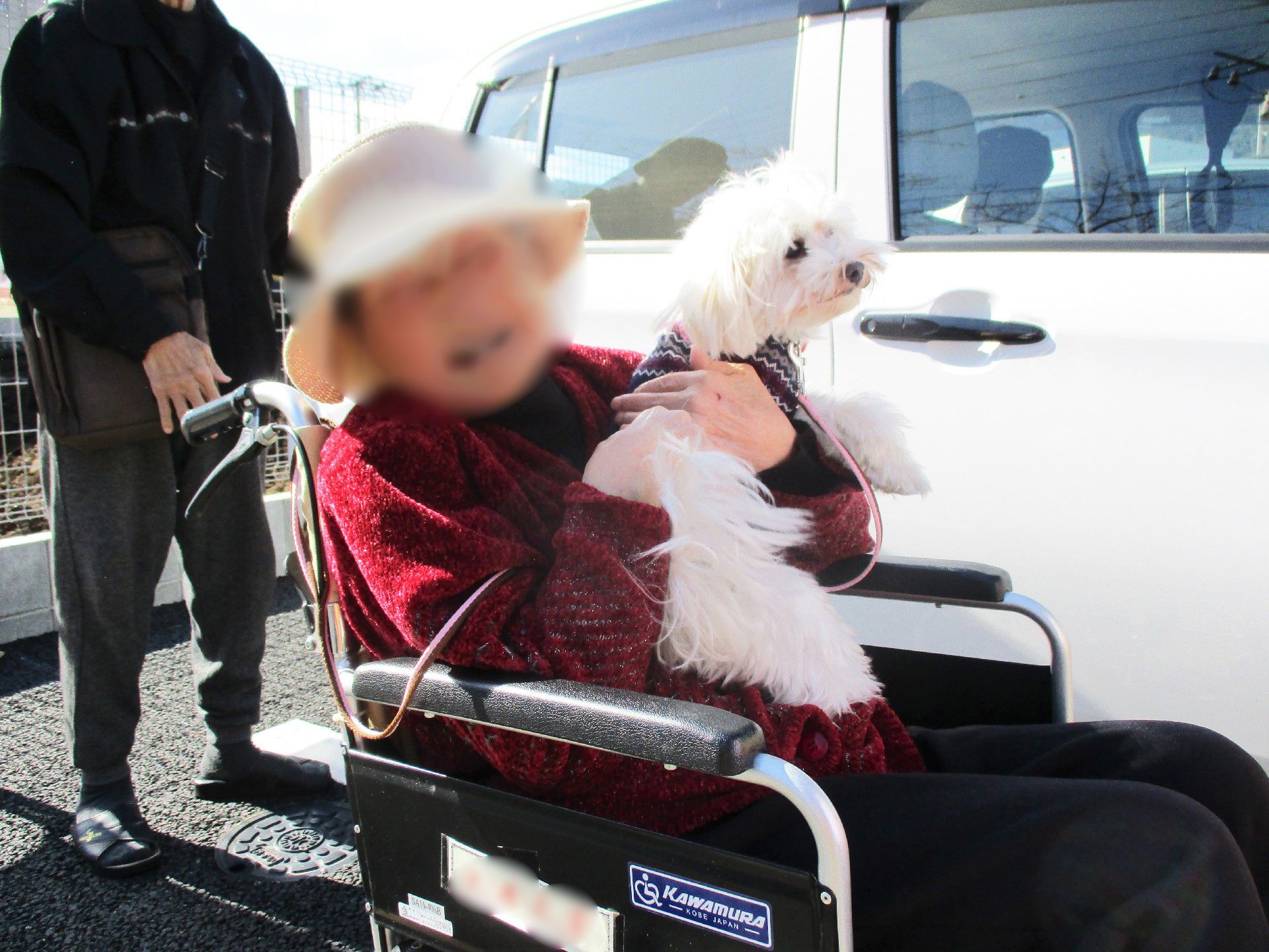 車いすの女性入居者が白い犬を膝の上で抱いて喜んでいる様子。