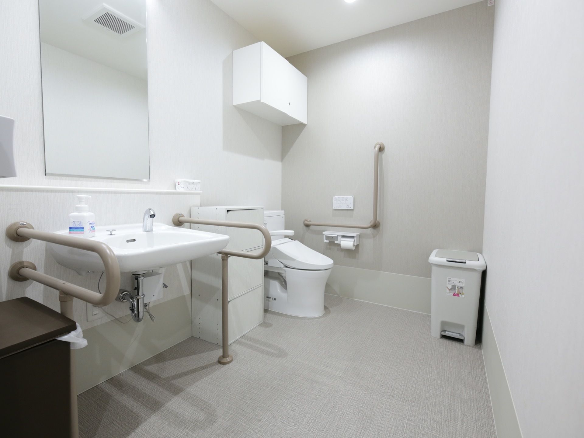 白色を基調とした広いスペースが共用トイレになっている。奥の方にふたつきの便器が設置されている。手前に洗面台がある。