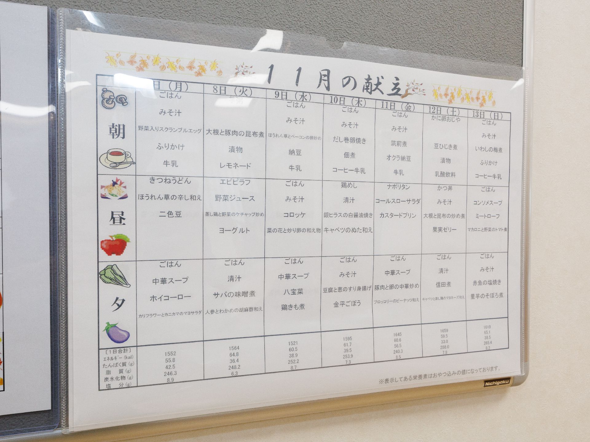 その日に出される食事のメニューが書かれている献立表