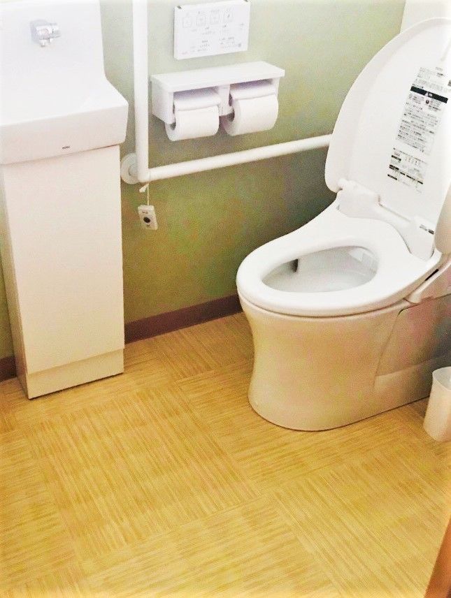 手すりや手洗い場が付いたトイレ。手すりには呼び出しボタンもつけられている。