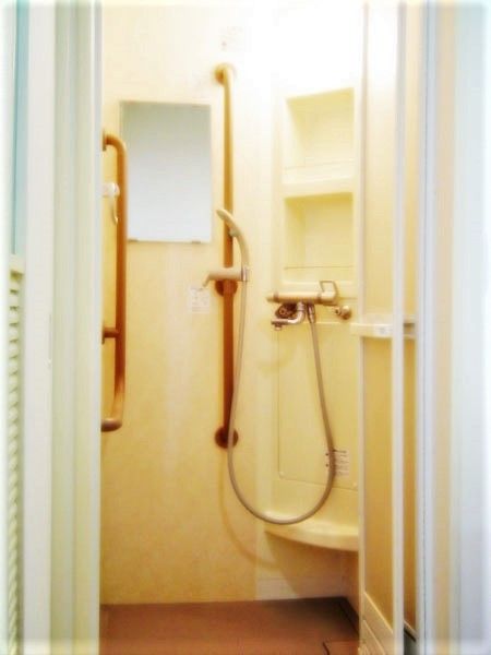 棚や手すりが付いたシャワー室には鏡もあり、シャンプーなどは置かれていない。