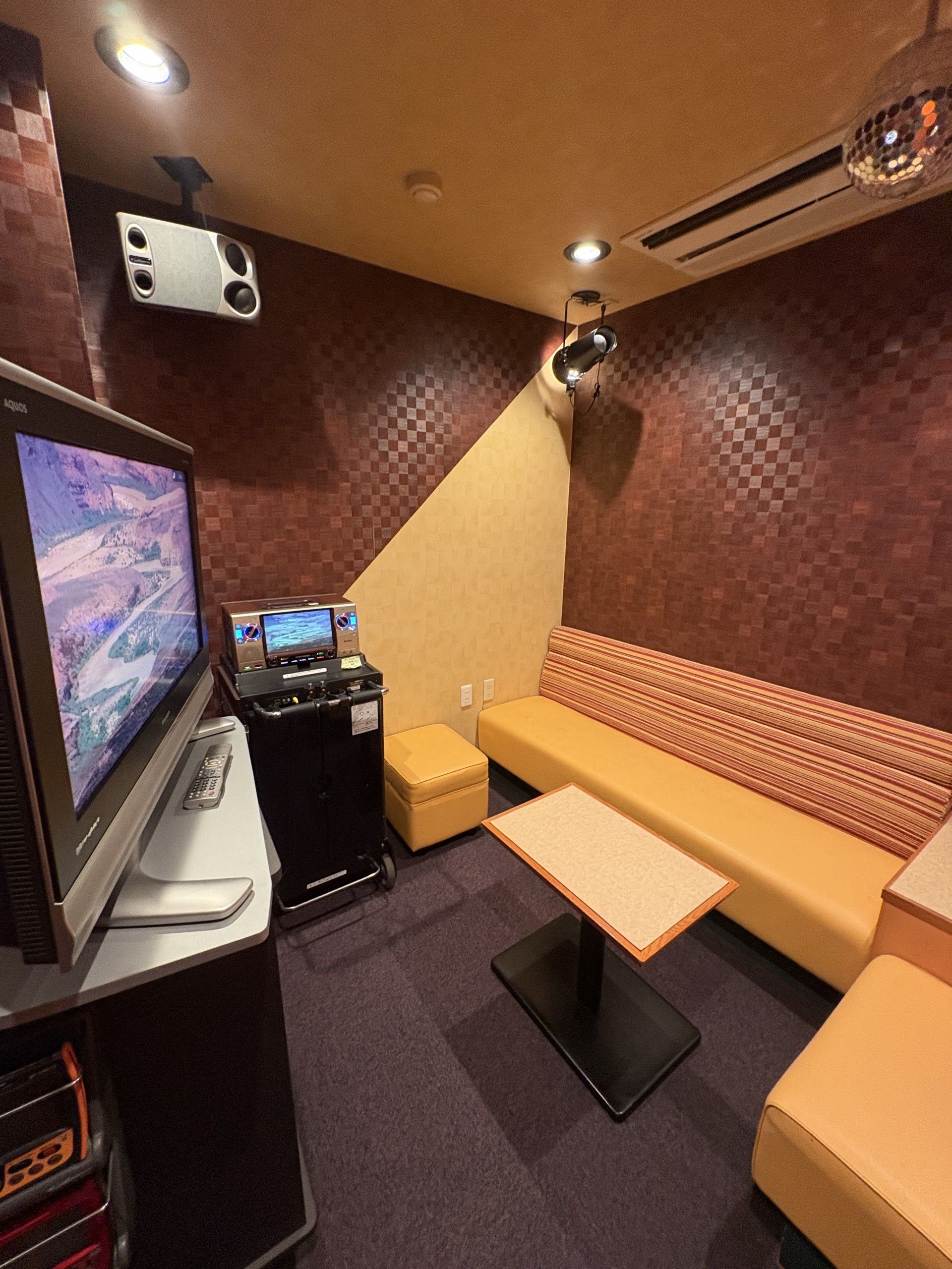 テーブルの上に、マイクとマラカス、カラオケのリモコンパネルが置かれている。壁際にはカラオケモニターがある。