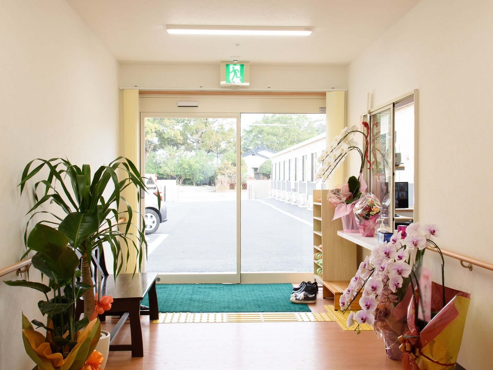 自動ドアの玄関があり、すぐ横には受付のカウンターがある。壁際には鉢植えの花や観葉植物が飾られている。