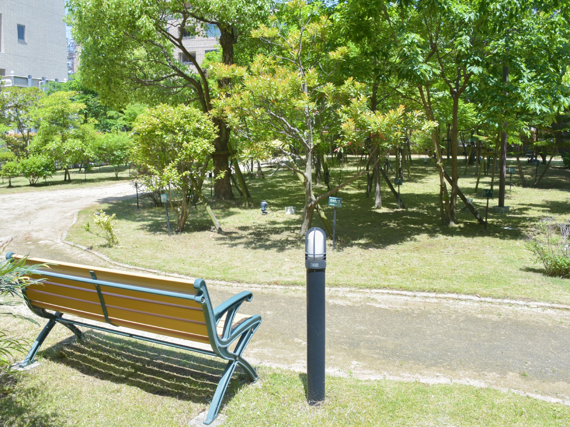 施設の敷地内には青々と繁る木々の植えられた、公園のように大きなくつろぎの庭が作られ、散策の道やベンチが備え付けられている。