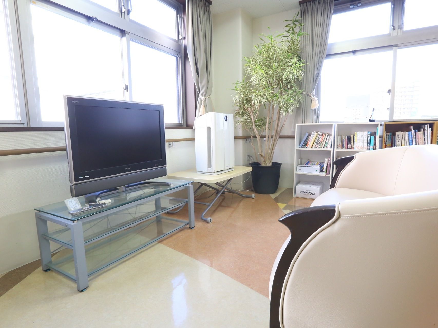 観葉植物の置かれたリラックスできる空間である。大型液晶テレビやおしゃれなソファ、書籍が多数完備されている。