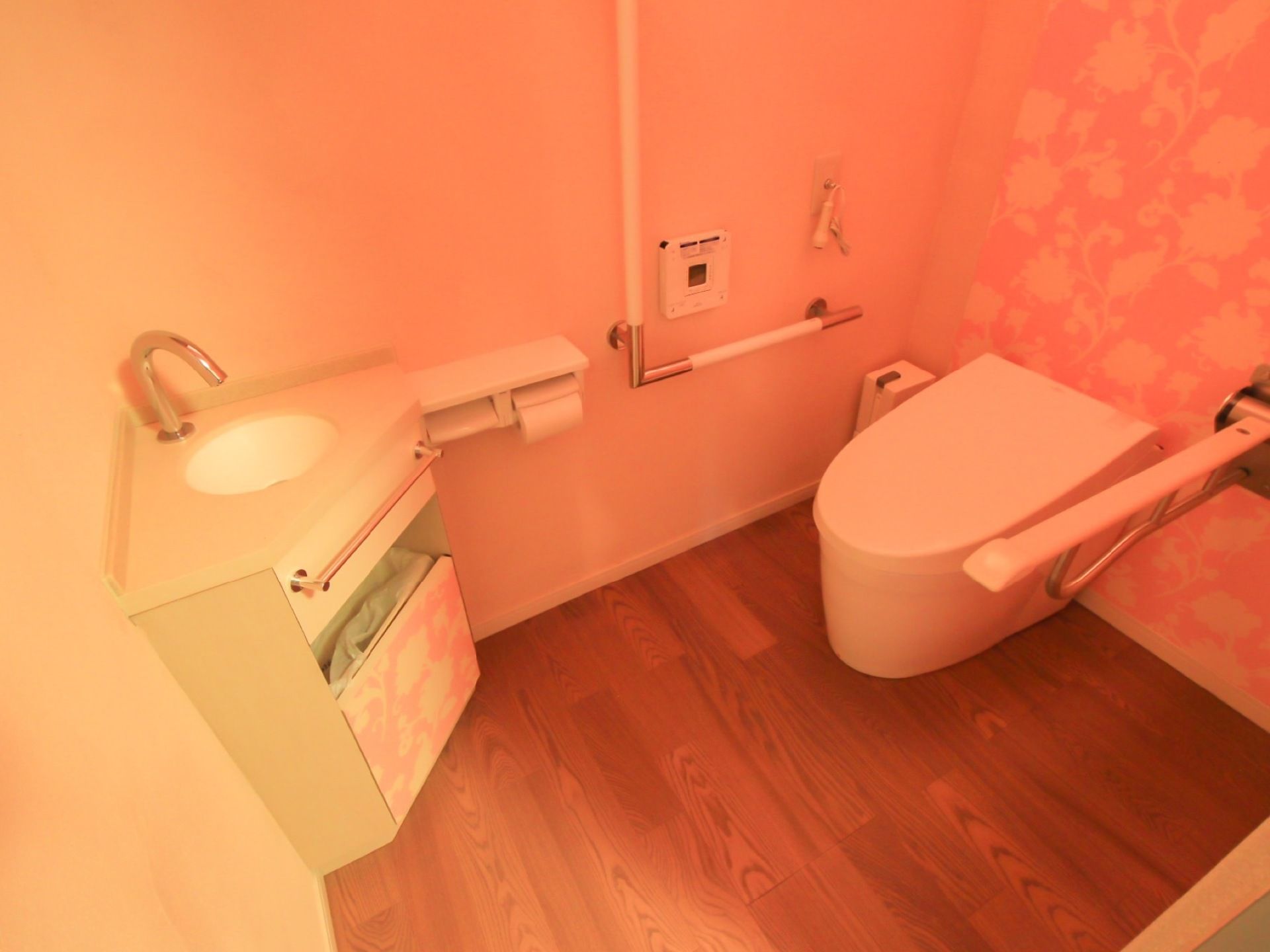 タンクレスの白い洋式トイレがあり、両側に手すりが設置されている。トイレの前に丸い洗い場の洗面台が設置されている。