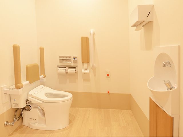 エアコンが設置された広いトイレには手洗い場があり、トイレには背もたれと手すりが付き、壁には呼び出しボタンと手すり、バーも付いている。