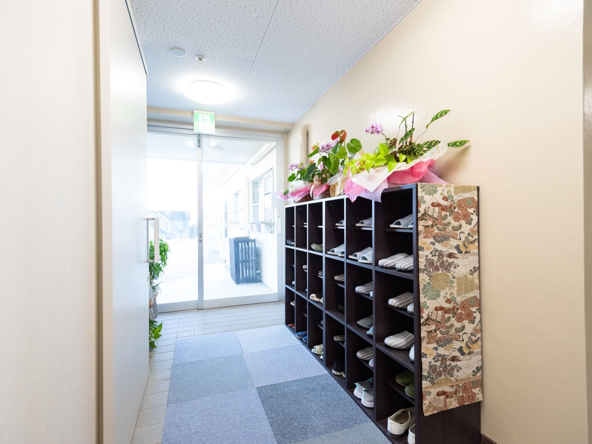 落ち着いた色合いの木製の靴箱が設置されている。入居者数に見合った大きなサイズである。靴箱の上には、観葉植物の鉢が飾られている。