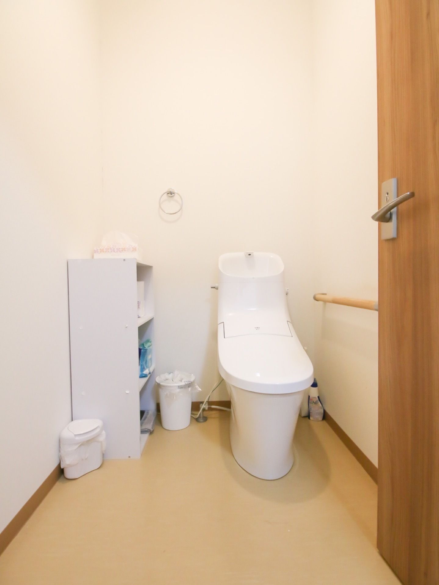 真っ白な便器が設置されている。壁には手すりが取り付けてある。床には、汚物入れとゴミかごが置かれている。横に収納ラックがある。
