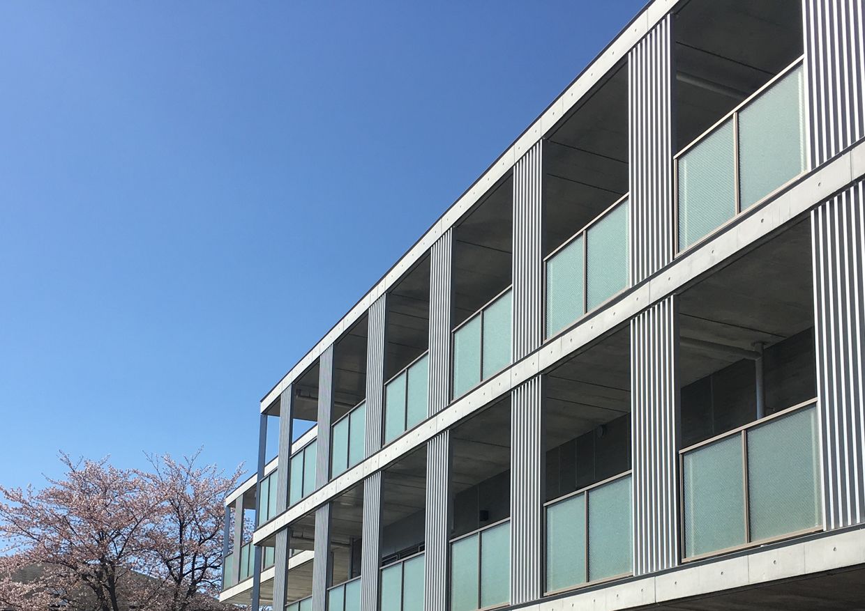 青空と桜の建物外観