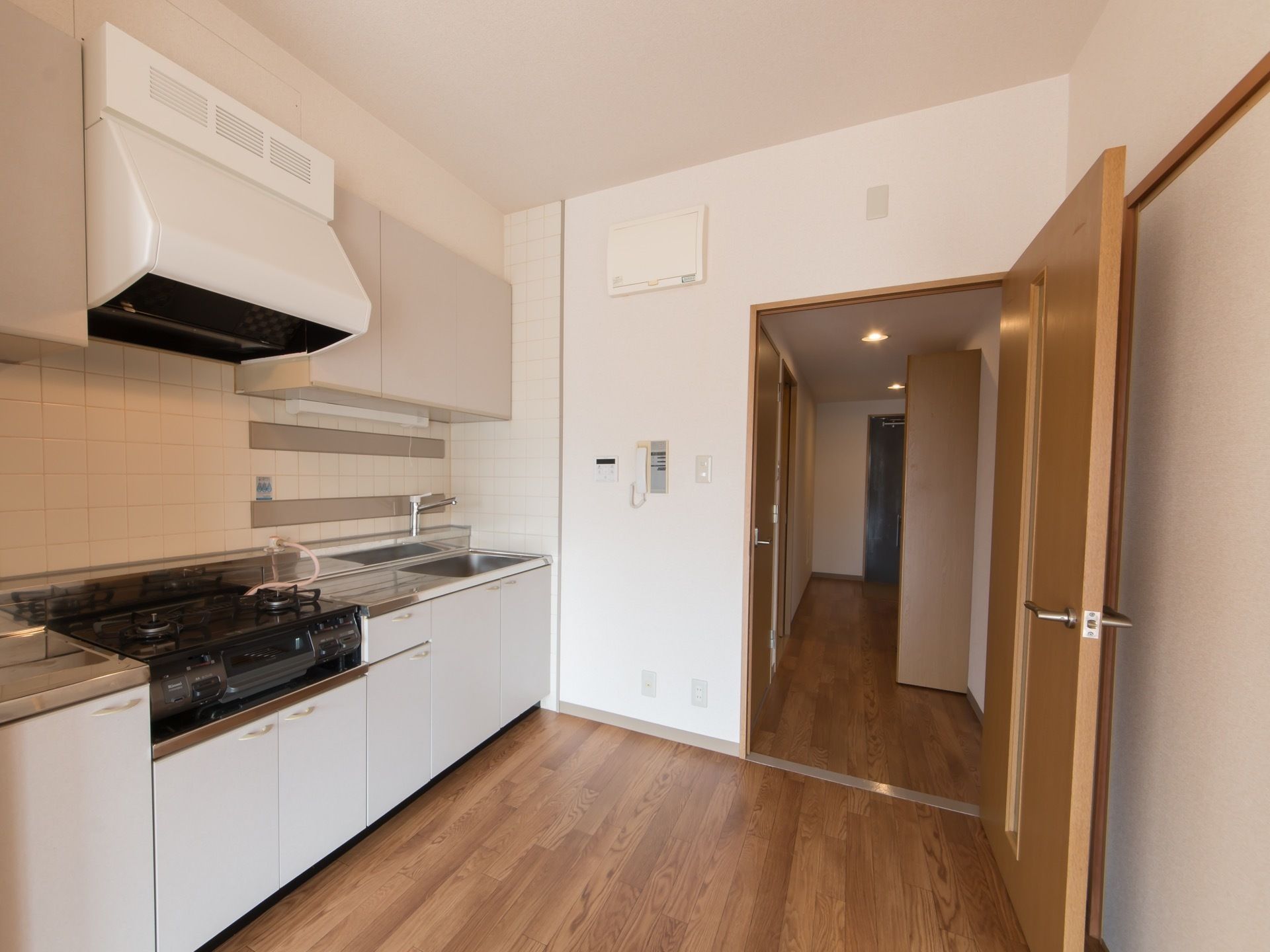 左側に流し台が設置されている。グリル付きのコンロが置かれている。奥に流し台が続いていて、その上下は棚になっている。