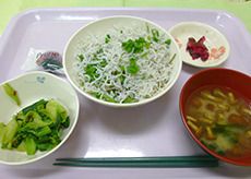 じゃこご飯と、おしんこと味噌汁のセット