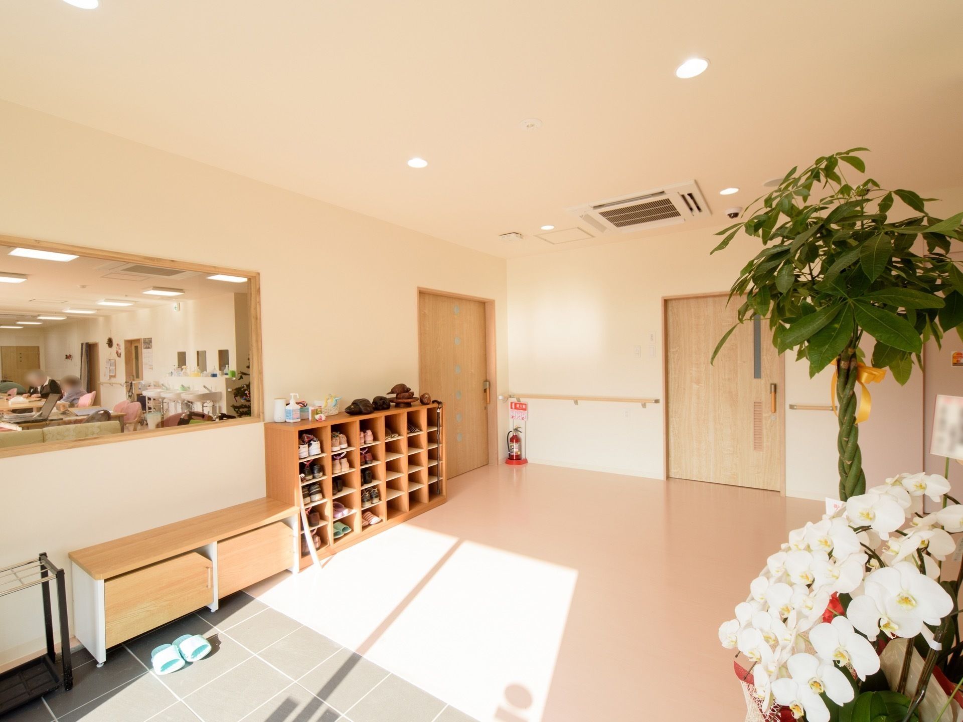 下駄箱や観葉植物を配置したバリアフリー設計の玄関