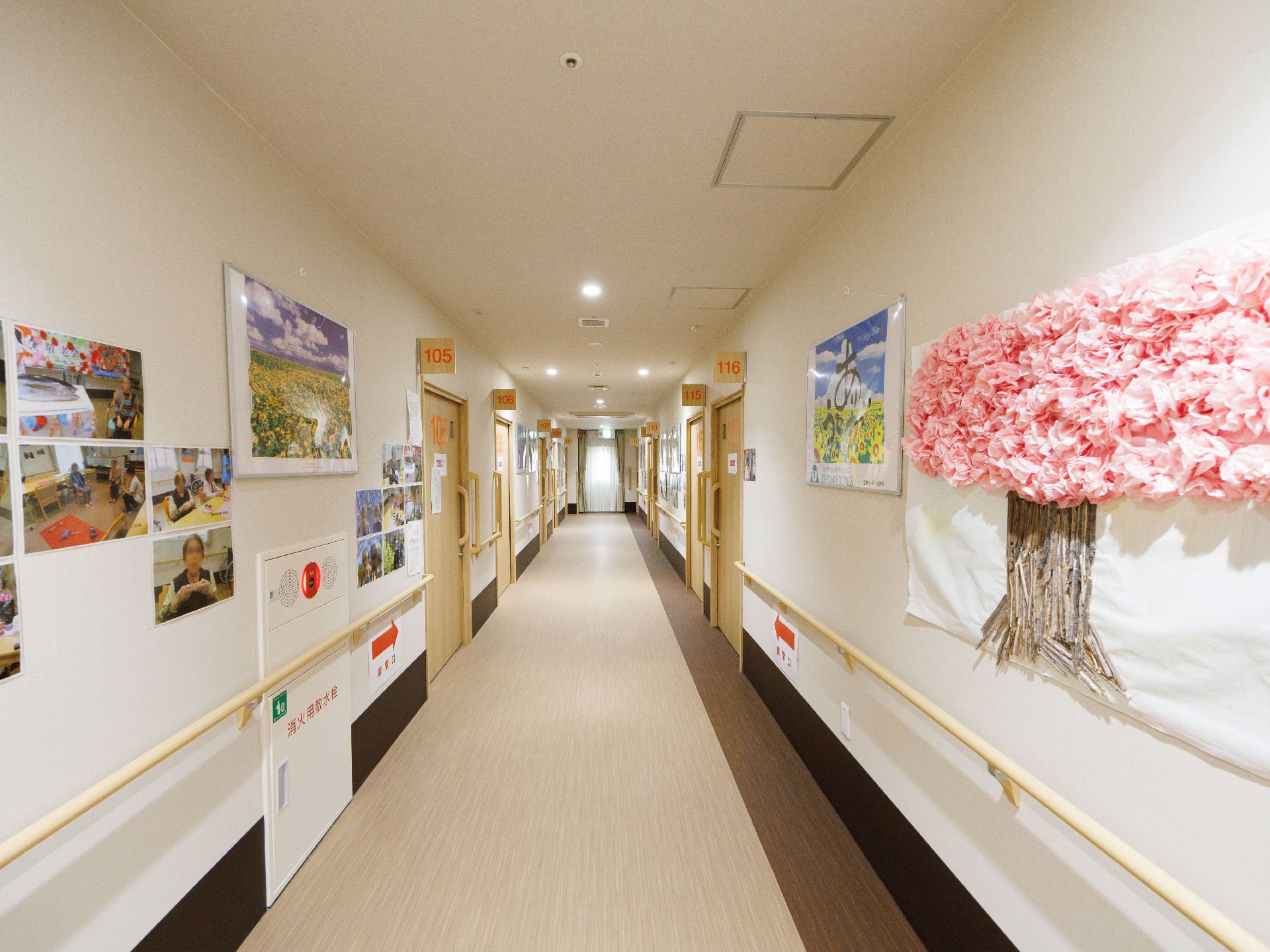 木製の手すりが付いている両側の壁に写真や絵が貼られた直線の廊下