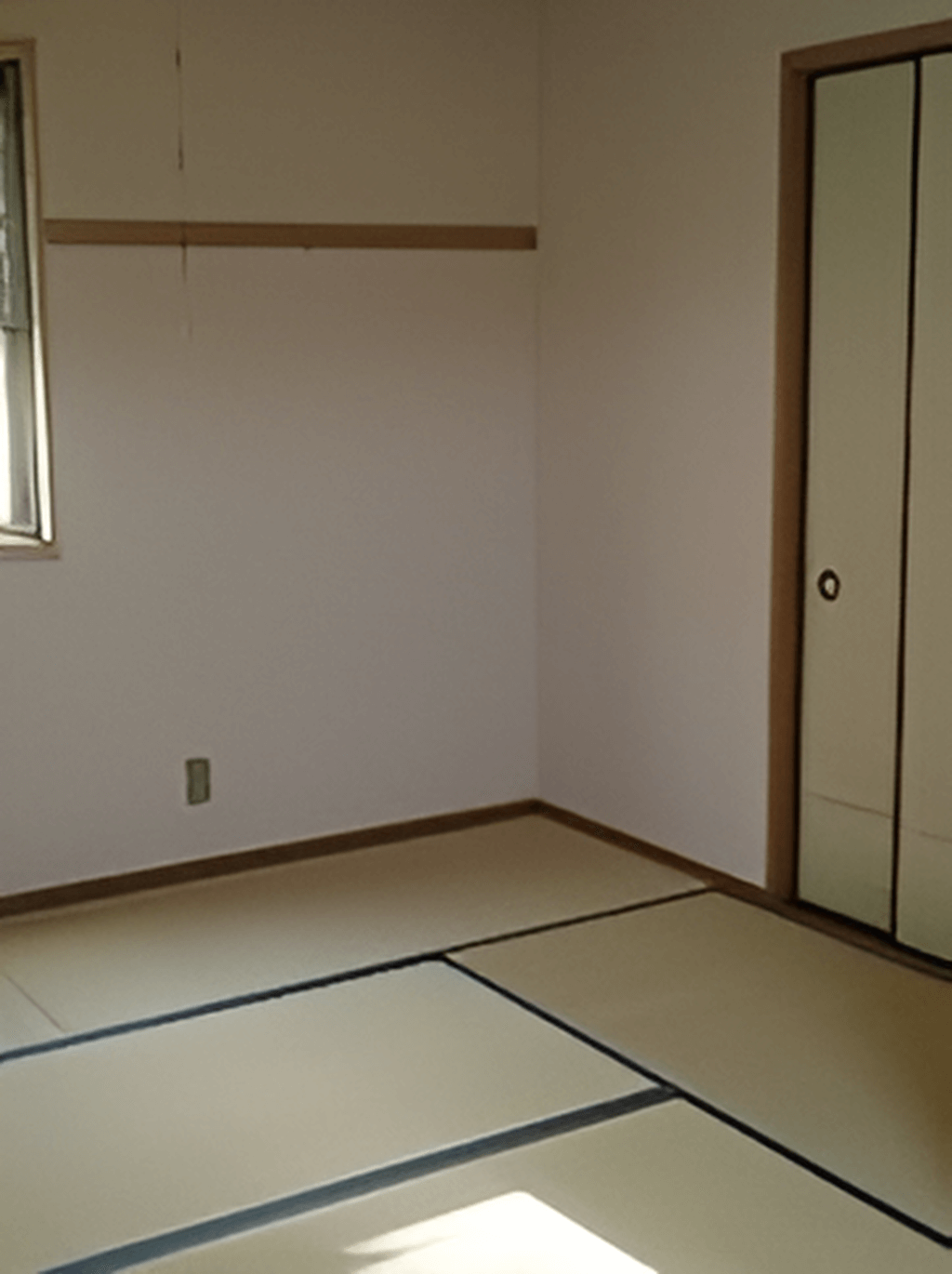 家具などは置かれていない和室には本格的な畳が敷かれている。右側には押入れのようなものがある。