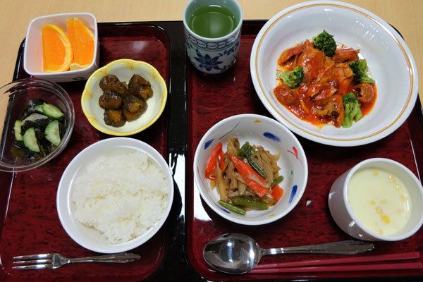 肉団子とごぼうと蓮根とパプリカの煮物と、酢の物とオレンジのデザート