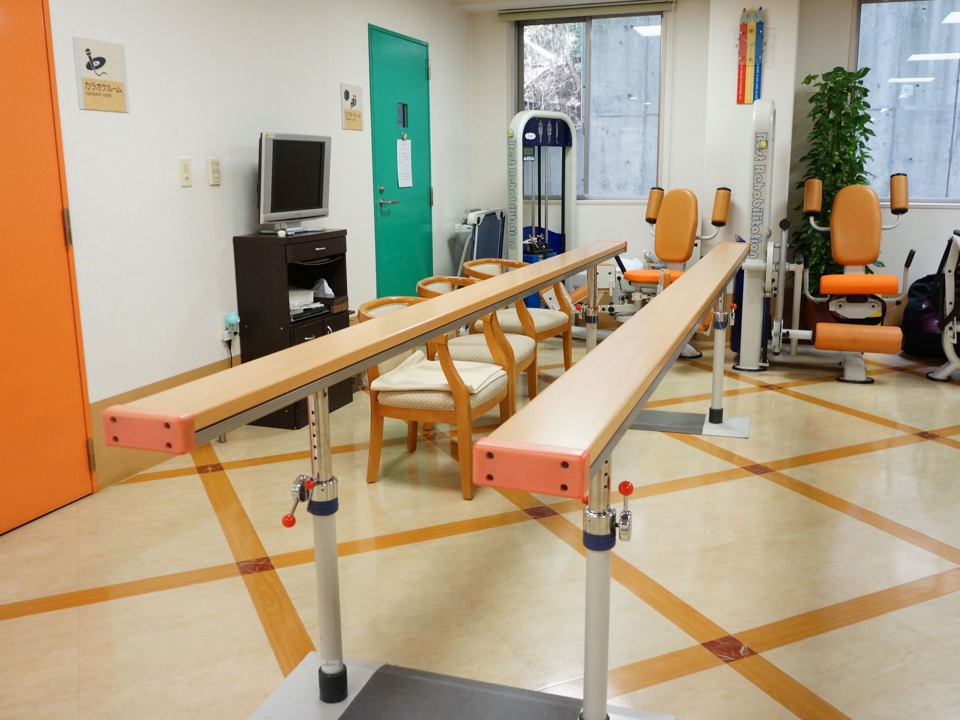 安定感のある歩行訓練のバーの他、用途に合わせたトレーニングマシーンが置かれている。壁側にはテレビがある。