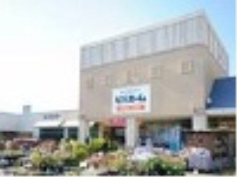 ホームセンターの建物の外観である。壁の色はベージュ基調で、壁面には店名が表示されている。入口には屋根が設けられている。