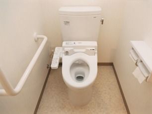 エル字型の手すりが設置されたトイレ。温水便座でボタンが便器についている。