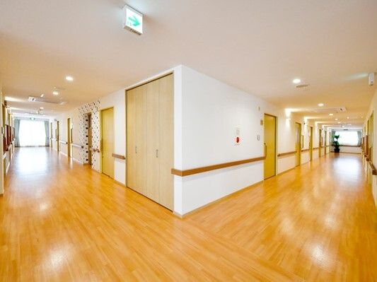 両サイドの突き当りに窓があり、明るい廊下。手すりが付き、右の窓のそばには観葉植物が飾られている。