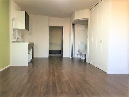 左側に大きめの洗面台、右側にトイレがある高齢者向け住宅の部屋の様子