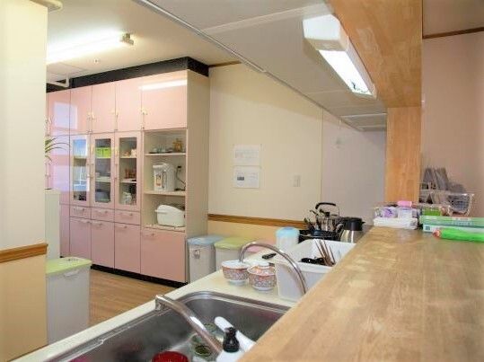 対面式キッチンでオール電化。キッチン内は広く、大きなピンクの食器棚やカラフルなゴミ箱が置かれている。