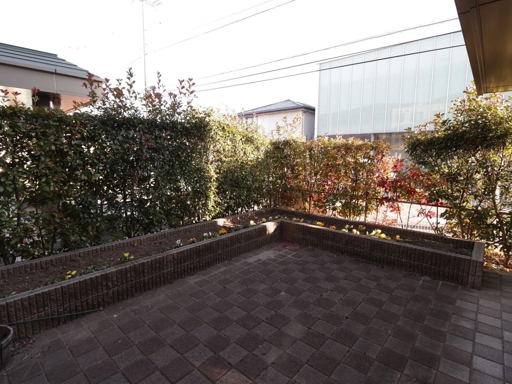建物の裏には、レンガ風のタイルが敷き詰められた庭が設けられている。花壇が設置されており、外側に庭木が植えられている。