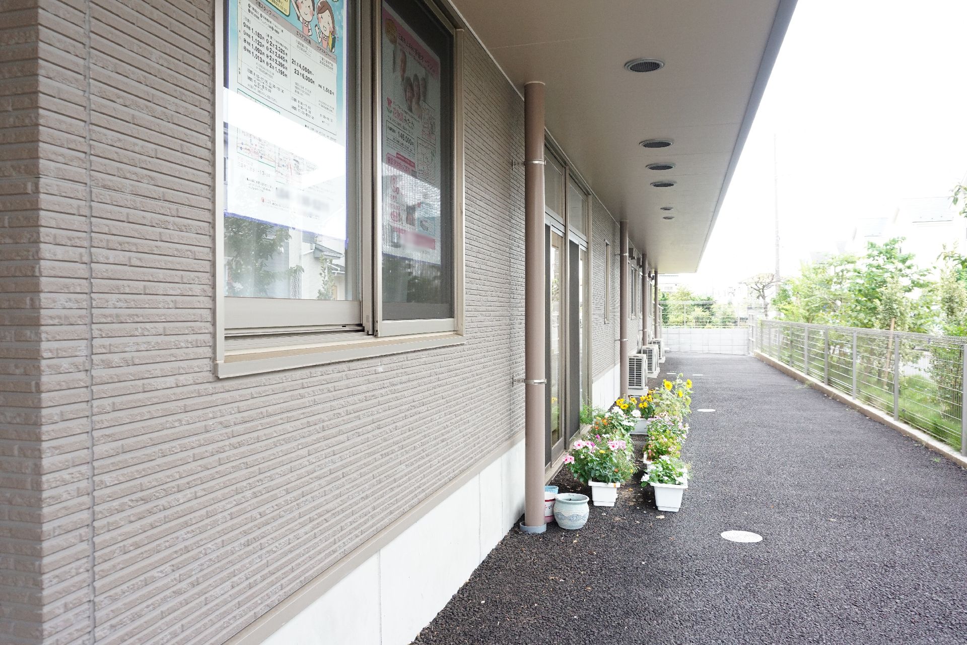 アスファルトで整備された庭に多数置かれている花が植えられたプランター