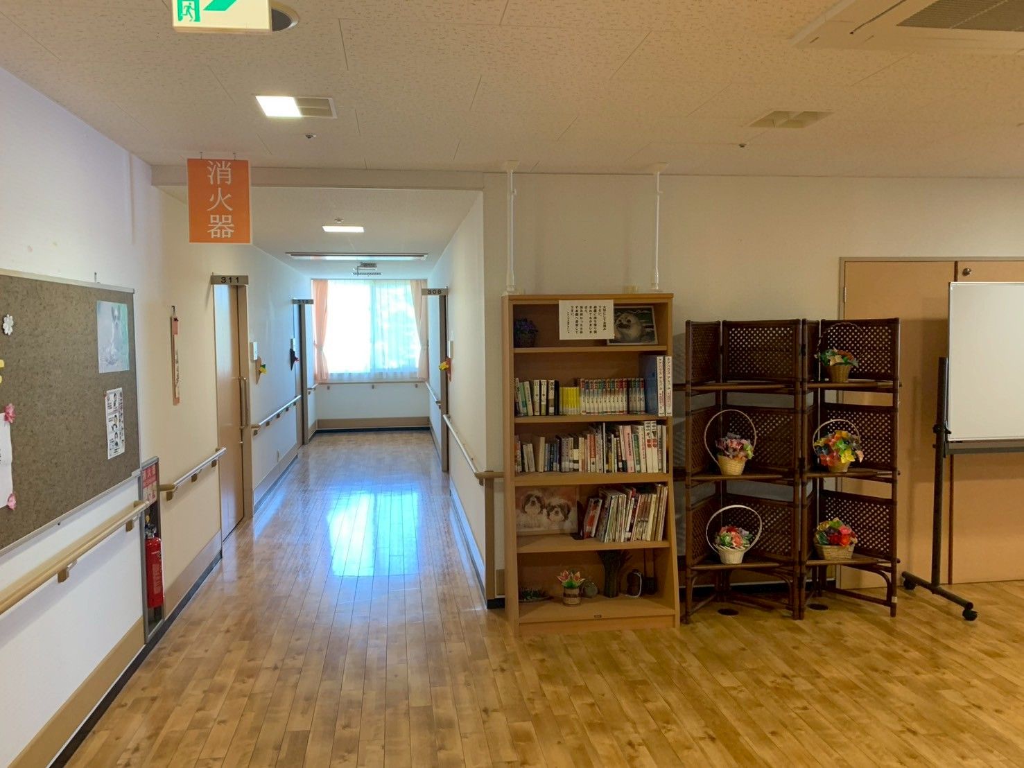 明るい廊下と本棚のある場所