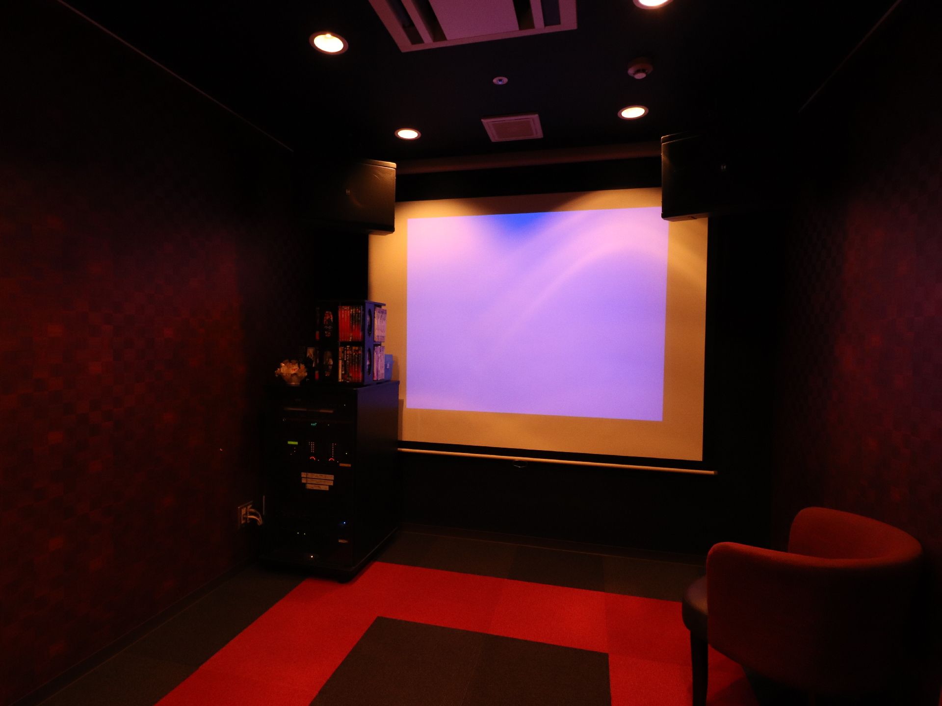 薄暗く照明を落とされた部屋。大きなスクリーンが貼られたシアタールームである。ソファーがおかれ、エアコンも設置されている。