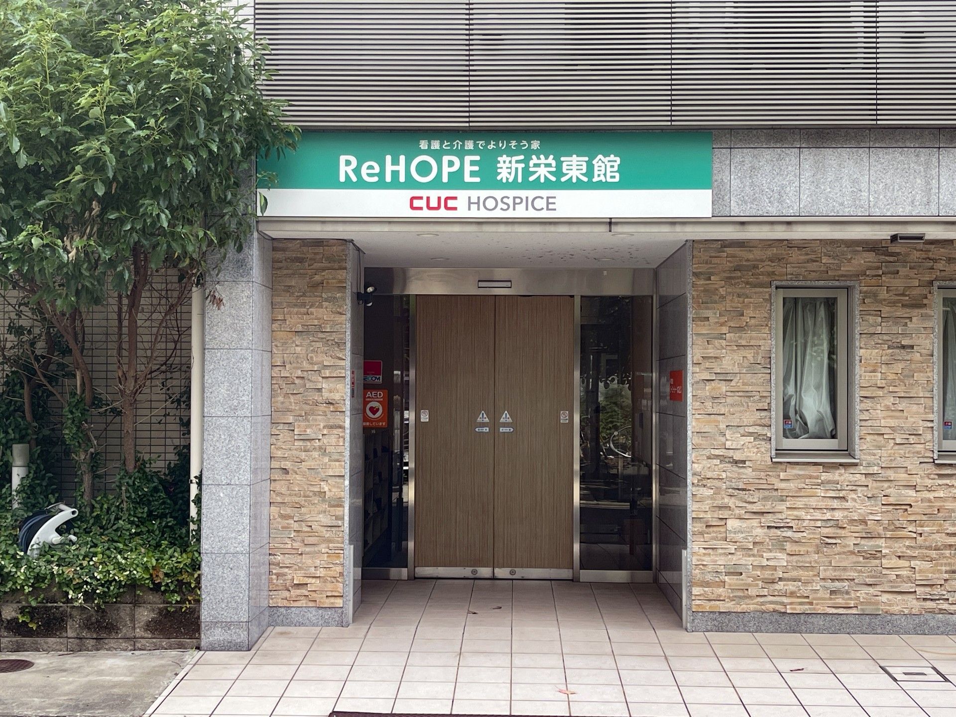 エプロンを付けた女性スタッフと手を取り合っているカーディガンを着て車いすに座っている高齢女性。