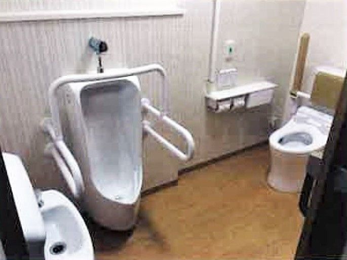 手すりや背もたれ、呼び出しボタンが設置された洋式トイレが奥に、手前には手すり付きの男性トイレがある。
