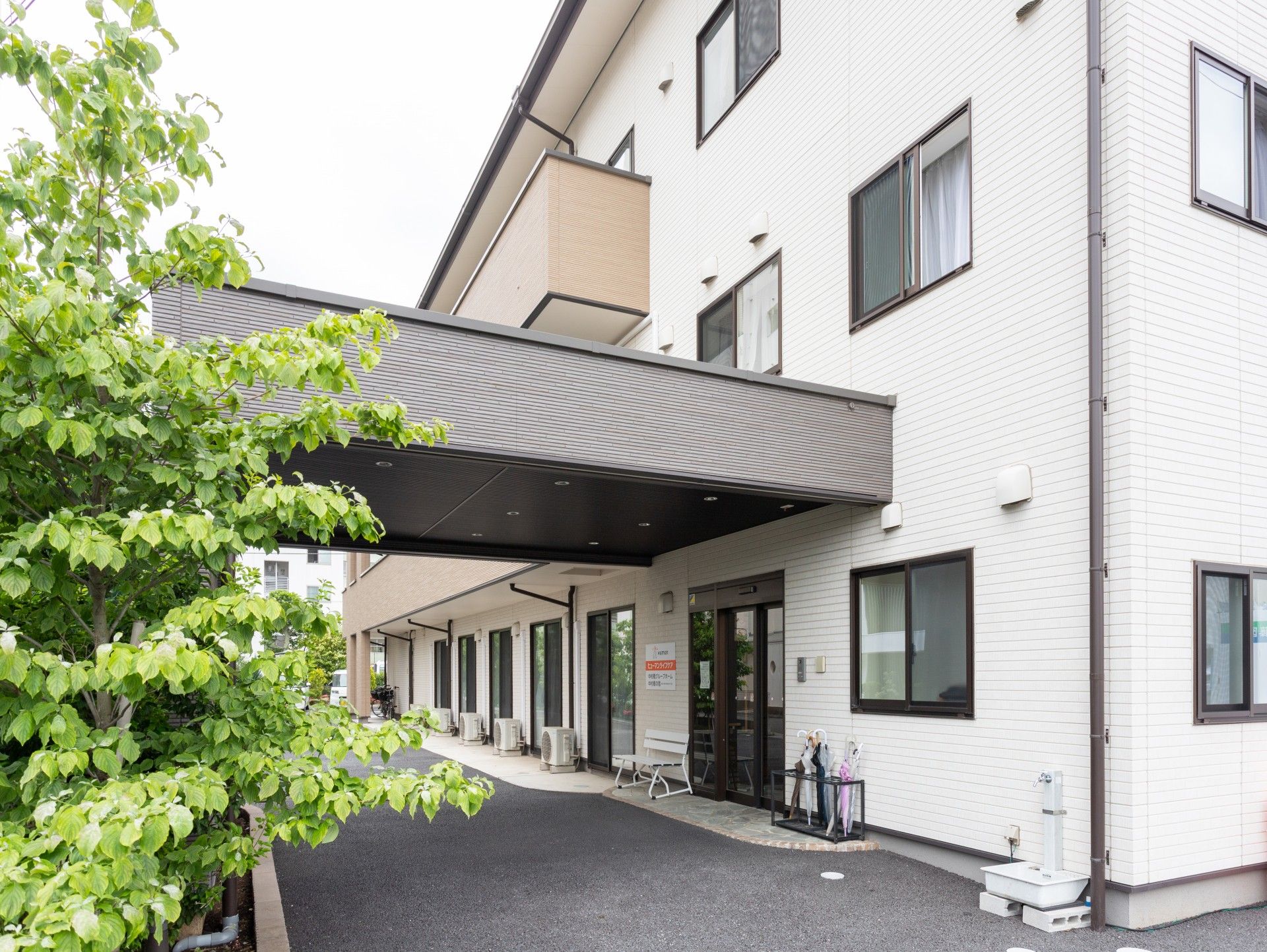 緑に囲まれた建物の入口