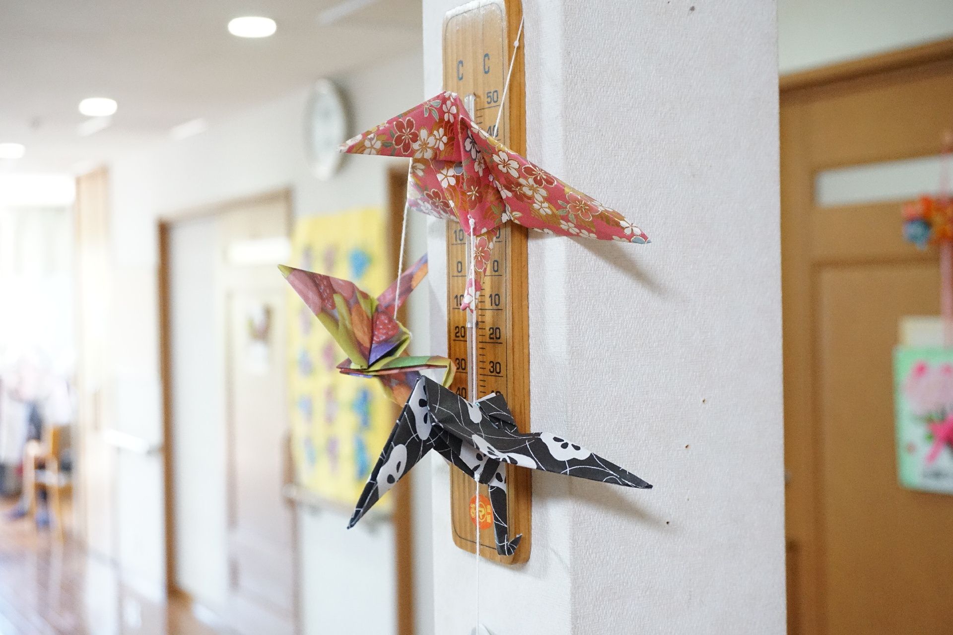廊下の壁に飾られている利用者様が折り紙でできた鶴