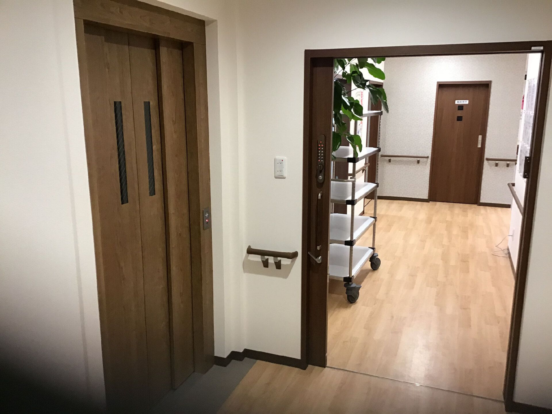手前には手すりが付いた壁があり、エレベーターが設置され、お国はなにかの部屋のドアがあり、カートのようなものが置かれている。