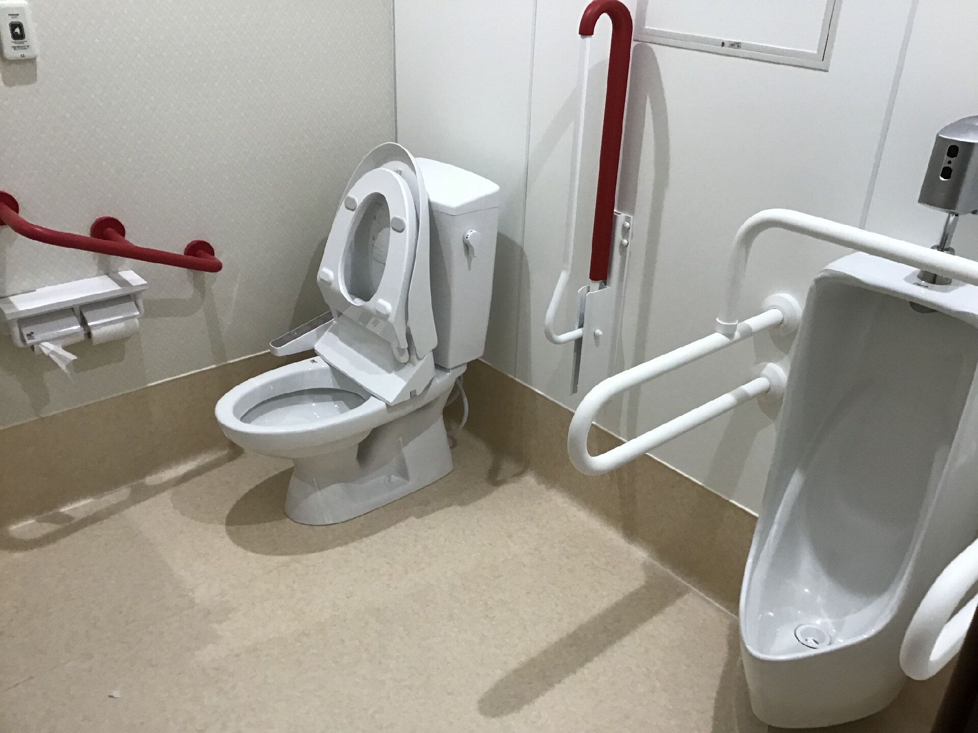 男性用の小便器が右側に、左側には洋式のトイレがあり、壁には赤い手すりや呼び出しボタン、トイレットペーパーホルダーがある。