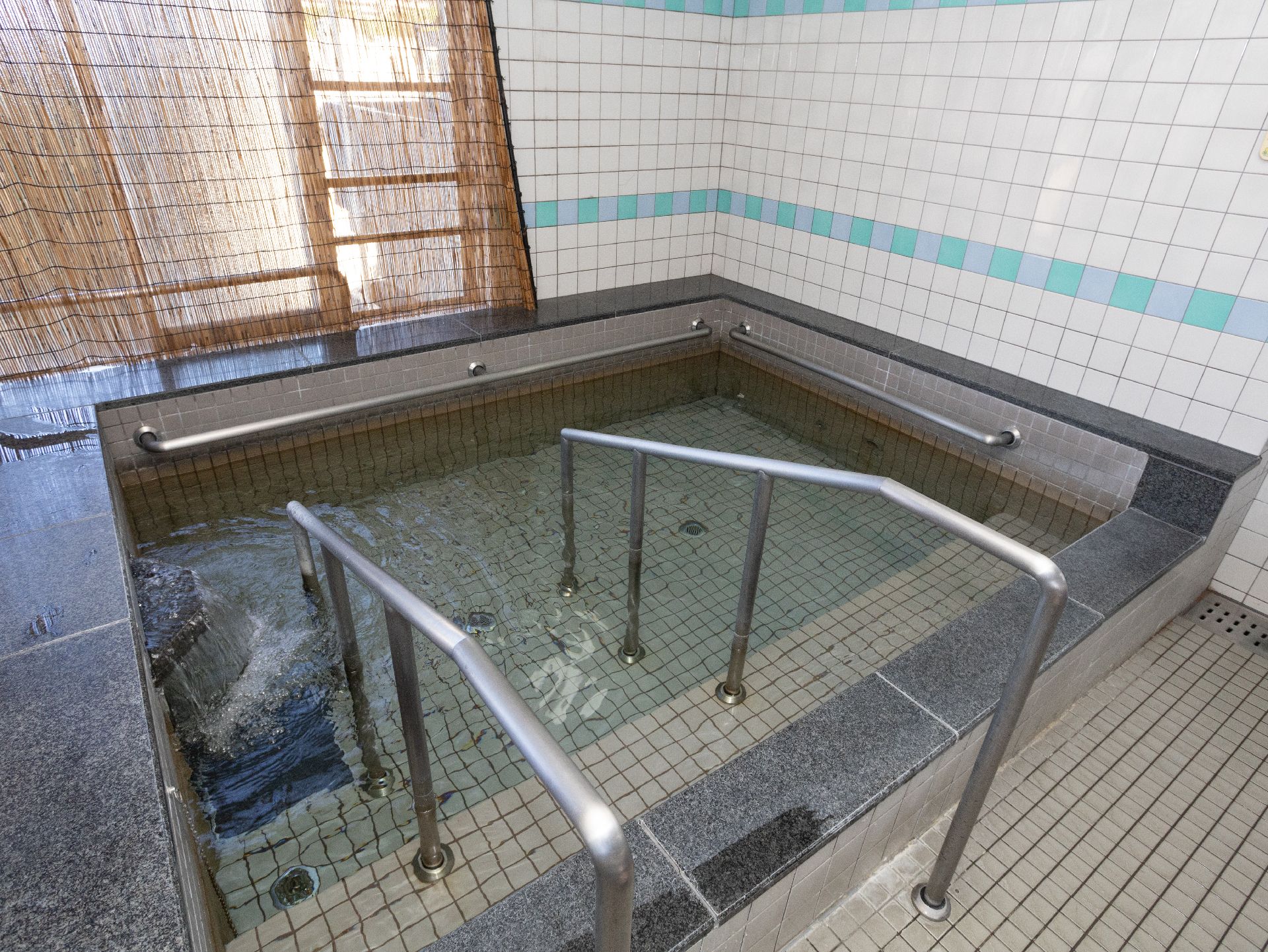 大きな浴槽があり、安全に湯舟に浸かれるように手すりが設置されている大浴場