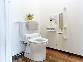 手すりがついているトイレの様子。背中当てがついた高齢者用のトイレ