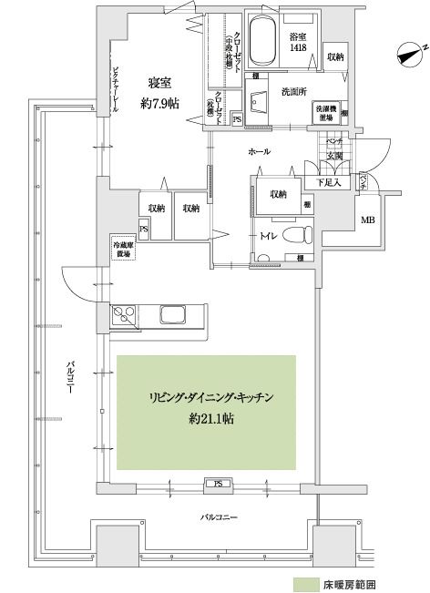 サンカルナ小倉大手町のＩtypeの間取り図