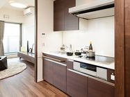 ブラウンの本格的なキッチンが付いた部屋。オール電化で収納スペースも多くあり、奥にはリビングが見える。