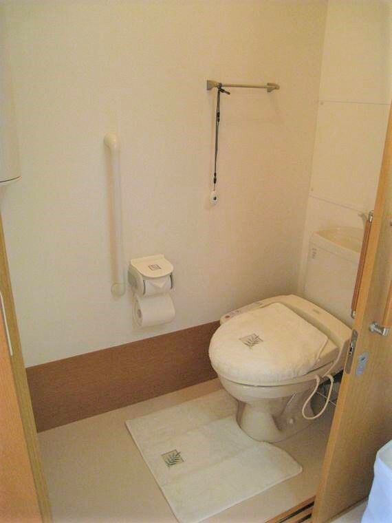 手すり付きのトイレは引き戸で、壁には手すりが付き、手すりの一つにはペンダント式の呼び出し装置がある。