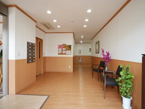エレベーターが設置されたエントランスには戸別の郵便受けもあり、いすや観葉植物なども置かれている。