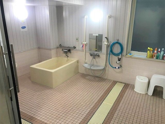 手すりが両サイドについたシャワーと一人用の浴槽が左側につき、大きな窓があり、洗剤なども窓辺に並んでいる。