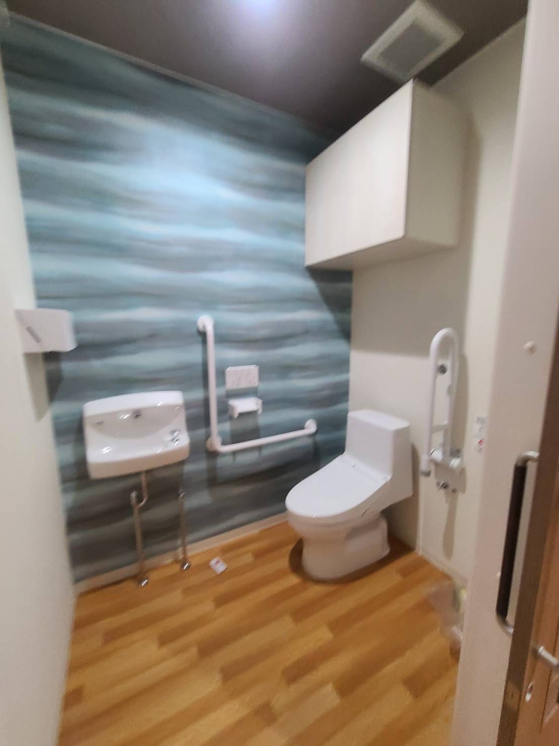 広いトイレにはシンプルな便座があり、両サイドに手すりが設置され、手洗い場もある。便座の上には収納も付いている。