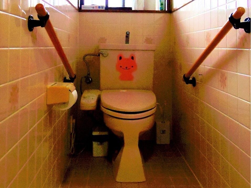 うさぎのイラストが飾られたトイレには両サイドに手すりが設置されている