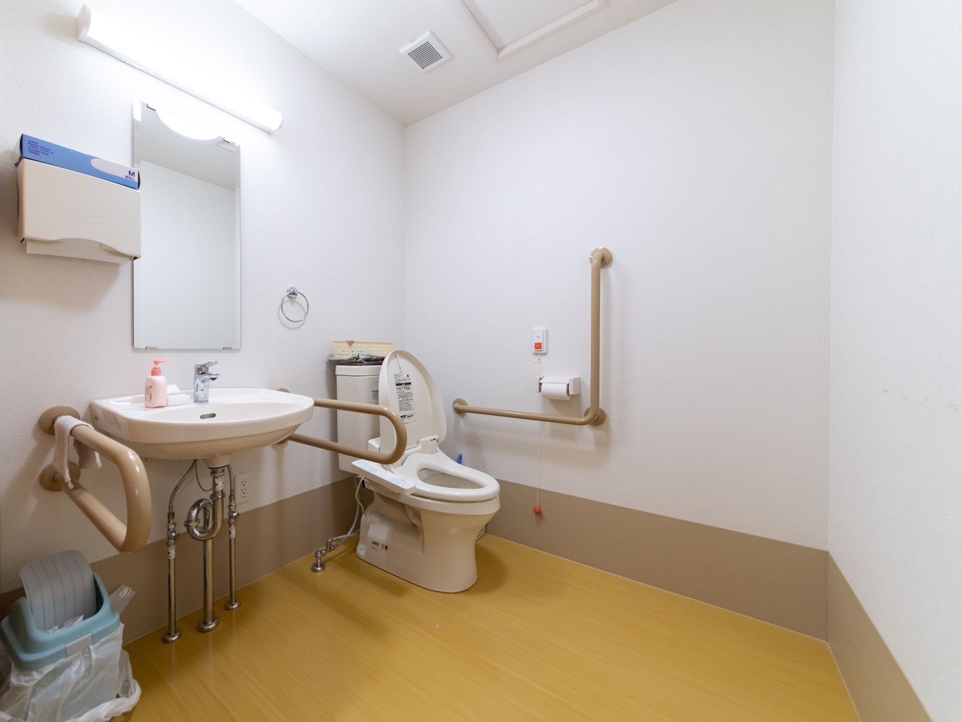 エル字型の手すりがついている施設内のトイレの様子。車いすで入れる広さのトイレ